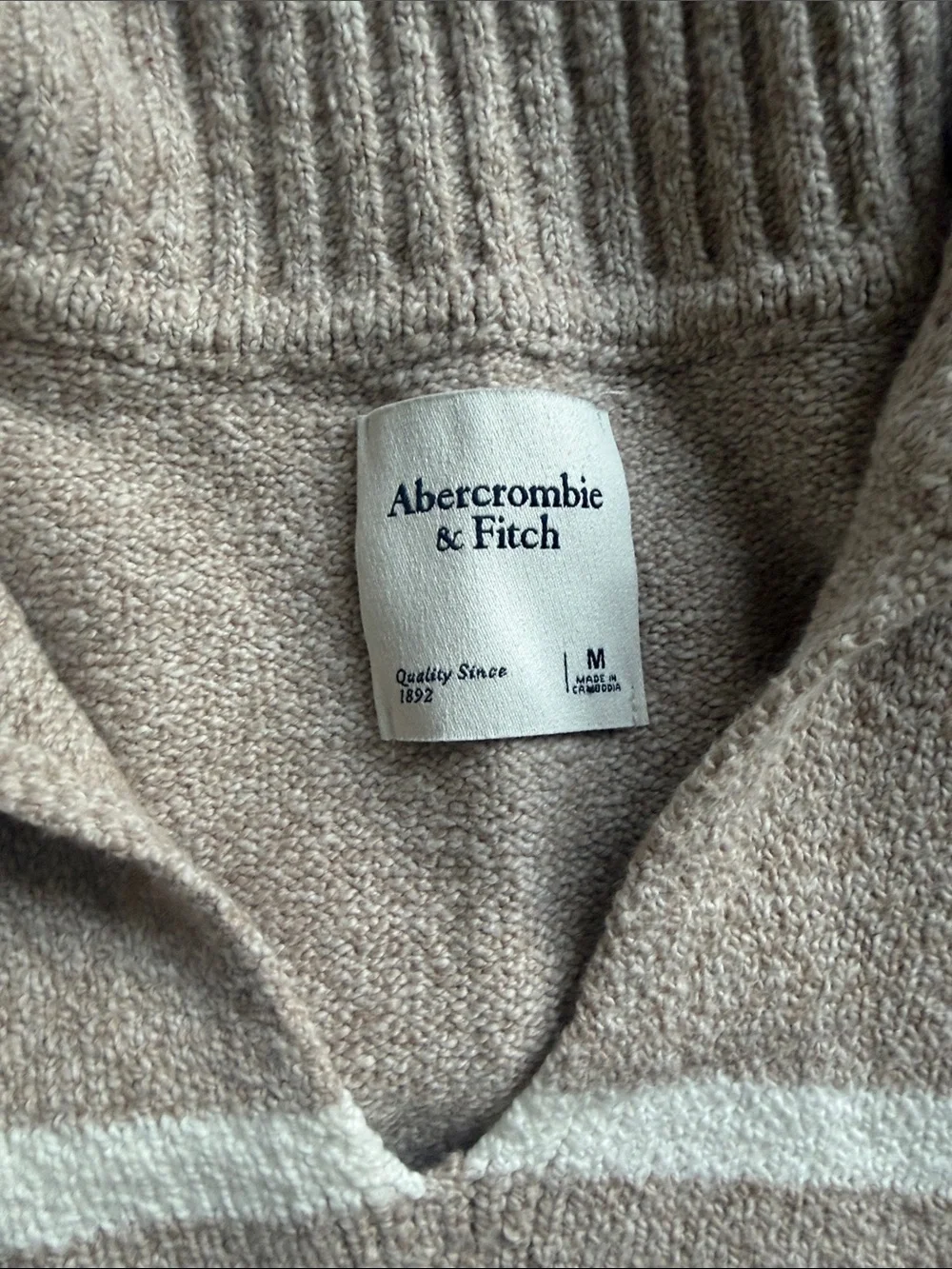 Abercrombie & Fitch Cream and Taupe Striped V‑Neck Shawl Sweater